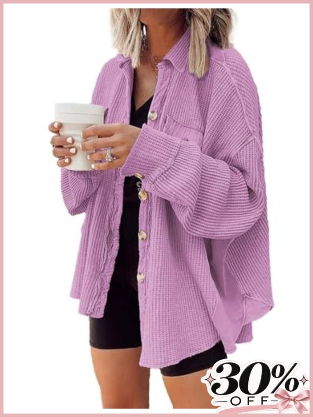 Waffle Knit Shacket Oversized Button Down Long Sleeve Shirt Jacket